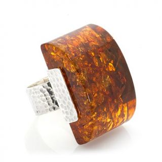 Age of Amber Honey Amber Rectangular Hammered Sterling Silver Statement Ring