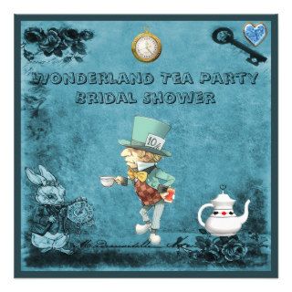 Blue Mad Hatter Wonderland Tea Party Bridal Shower Custom Invite