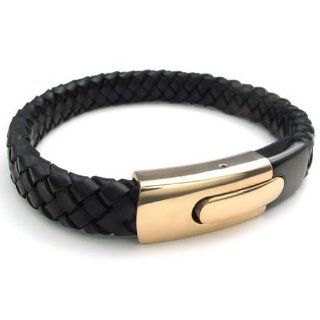 8", KONOV Jewelry Leather Mens Cuff Bracelet Stainless Steel Clasp, Gold Black   8 inch KONOV Jewelry Jewelry