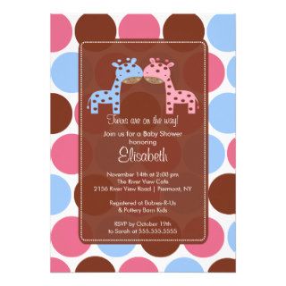 Twins Blue & Pink Giraffe Baby Shower Invitation