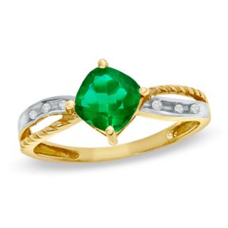 0mm Cushion Cut Lab Created Emerald and Diamond Accent Ring in 10K