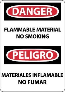 NMC ESD665AB Bilingual OSHA Sign, Legend "DANGER   FLAMMABLE MATERIAL NO SMOKING", 10" Length x 14" Height, 0.040 Aluminum, Black/Red on White