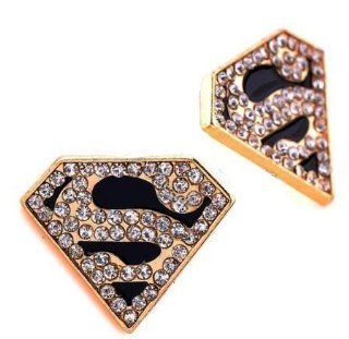 Men's Gold Rhinestone Crystal Black Superman Stud Earrings   16 mm x 14 mm (.62" x .55") Jewelry
