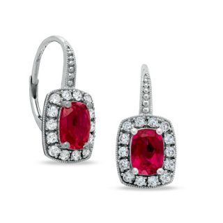 Cushion Cut Lab Created Ruby and White Sapphire Frame Earrings in 14K
