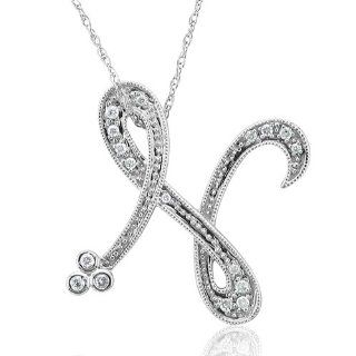 14k White Gold Alphabet Initial N Diamond Pendant Necklace (HI, I1 I2, 0.12 carat) Diamond Delight Jewelry