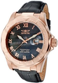 Invicta 1714  Watches,Mens Pro Diver Black MOP Dial 18K Rose Gold Plated Case Black Genuine Calf Leather, Casual Invicta Quartz Watches