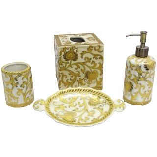Gold Porcelain Scrolls Bath Accessory 4 piece Set