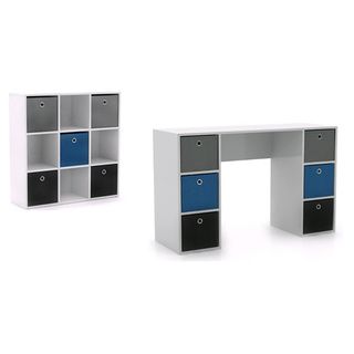 Jolie White And Blue Writing Desk And 5 bin Bookcase Set