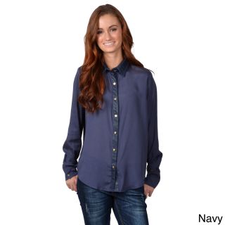 Journee Collection Journee Collection Womens Long Sleeve Leather Trim Shirt Navy Size S (4  6)