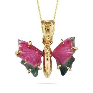 Pink & Green Tourmaline Butterfly Pendant in 18K Yellow Gold Jewelry