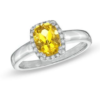 Cushion Cut Yellow Beryl and Diamond Accent Ring in 14K White Gold
