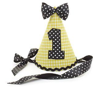 1st Birthday Party Hat #1 Yellow Gingham Black Dot Fabric Ribbon Tie Bumble Bee Toys & Games