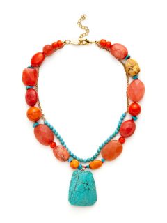 Orange Coral Bead & Turquoise Pendant Necklace by AV Max