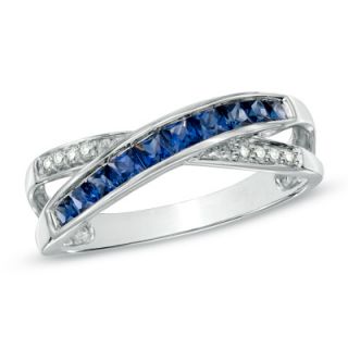 Princess Cut Blue Sapphire and Diamond Accent Crossover Ring in 10K