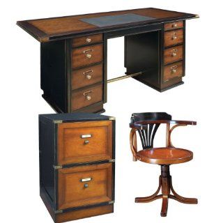 Captain's Desk with Purser's Chair and Campaign Filing Cabinet, Black and Honey   Office Nautical Furniture Kit, Solid Wood Desks with Chair and Filing Cabinet, Black and Honey   Working Desk with Chair and Filing Cabinet  