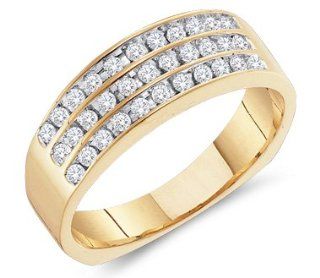 14k Yellow Gold 3 Three Row Wide Channel Set Round Cut Mens Diamond Wedding Ring Band (1/2 cttw) Jewelry