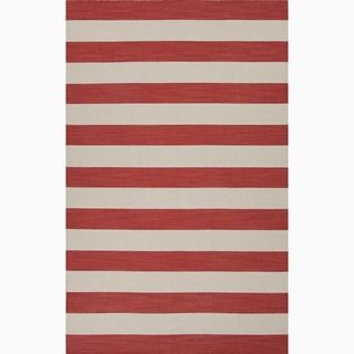 Hand made Stripe Pattern Red/ Ivory Wool Rug (8x10)