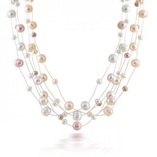 Bling Jewelry 925 Silver 5 Strand Pink White Freshwater Illusion Pearl Necklace Jewelry
