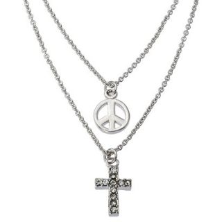 Silver Plated Double Necklace Peace/Cross With White Cubic Zirconia Pendant