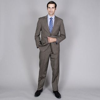 Mens Grey Blue Stripe 2 button Wool And Silk Blend Suit