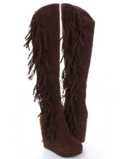 Womens Fringe Wedge Knee High Heel Moccasin Boots in Black, Tan, Brown, Red Shoes