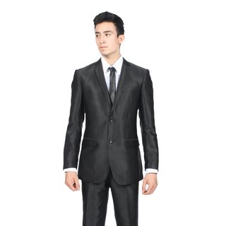 Ferrecci Mens Slim Fit Shiny Black Sharkskin Suit