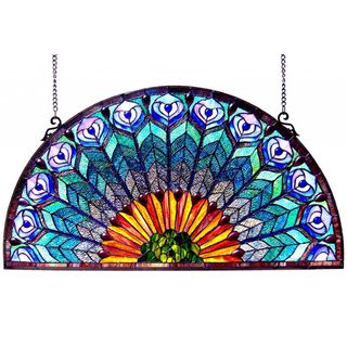 Peacock Design Half Round Stained Glass Window Panel