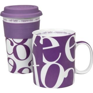 Konitz To Stay/ To Go Purple Script Collage Mugs (set Of 2)