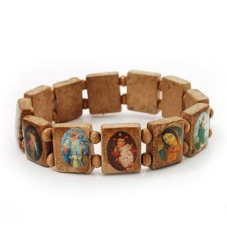 Light Brown Wooden Religious Images Catholic Jesus Icon Saints Stretch Bracelet   up to 20cm length Jewelry