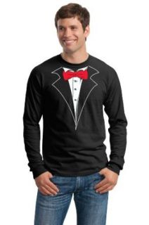 Mens Black Long Sleeve Tuxedo T Shirt with Red Tie and no carnation Clothing