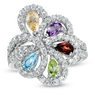 Multi Semi Precious Gemstone and Lab Created White Sapphire Swirl Ring
