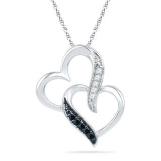 Enhanced Black and White Diamond Accent Interlocking Hearts Pendant in