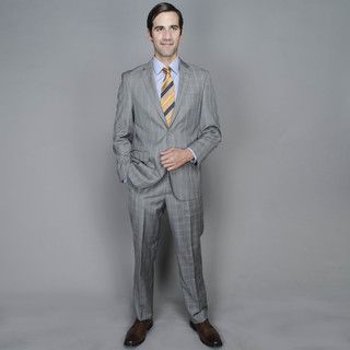 Grey Rust Windowpane 2 button Wool And Silk Blend Suit