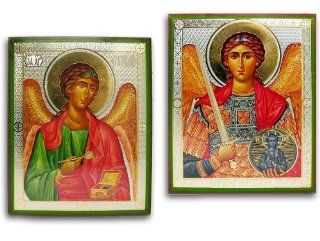 Russian Icon 2 Archangels Saint St Michael St Saint Raphael Icon Authentic Russian Wood Wall Gold Framed Jeweled Glass New   Decorative Tiles