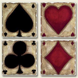 Coaster Set   Ante up   Card Suit Tumbled Stone Coasters   Set of Four Clubs, Hearts, Diamonds and Spades Placemats Cork Backed Kitchen & Dining