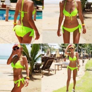 Sexy Bikini Lady Swimwear push up Strapless Beach Wear Bathing Suit Swimsuit Padded Fluorescent Green (M)