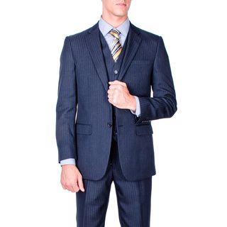 Mens Navy Blue Stripe 2 button Vested Modern fit Suit