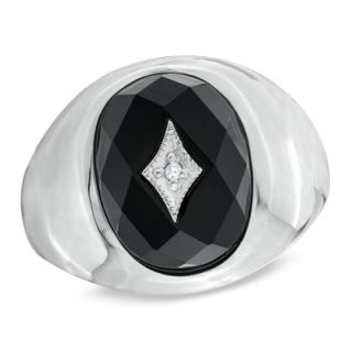 Mens Faceted Oval Onyx and Diamond Accent Dome Ring in Sterling