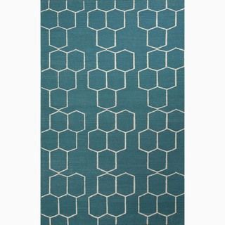 Hand made Geometric Pattern Blue/ Ivory Wool Rug (5x8)