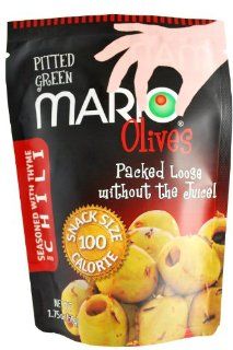 Mario Camacho Green Pitted Olives Seasoned with Thyme and Chili, 1.75 Ounce Packages (Pack of 10)  Green Olives Produce  Grocery & Gourmet Food