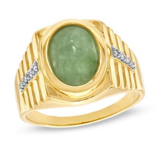 Mens Oval Jade and Diamond Accent Ring in 10K Gold   Size 10.5