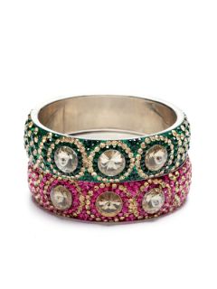 Set Of 2 Pink, Green, & Gold Crystal Bangle Bracelets by Chamak by Priya Kakkar