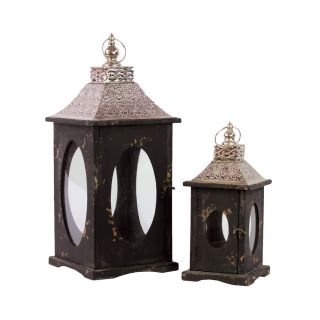 Black Wooden Lantern With Lid (set Of 2)