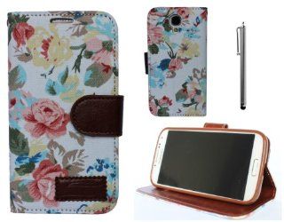P&Q Estore Stylish Premium Jeans Denim Fabric Protective Skin Stand Case Cover with Card Slots for Samsung Galaxy S4 9500+ Premium Stylus Pen in Retail Packaging (Flower print with White Ground) Cell Phones & Accessories