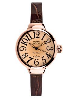 Womens Rose Gold & Brown Leather Round Watch by GlamRock
