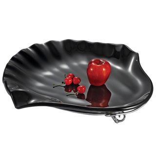 Black Glass Fruit Bowl With Silver Stand In Seashell Shape