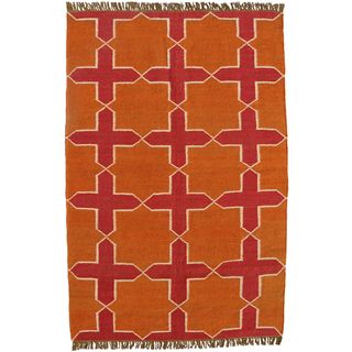 Hand woven Orange Jute/wool Flat Weave Rug (4 X 6)
