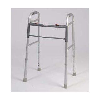 Folding Walker   This medical geriatric walker has a dual button to fold. Weight capacity 300 pounds. This functional lightweight aluminum walker is adjustable in 1" increments. 