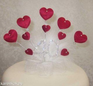40th Birthday or Ruby Wedding Anniversary Cake Topper with Red Padded Hearts and Diamante 40   Decorative Cake Toppers