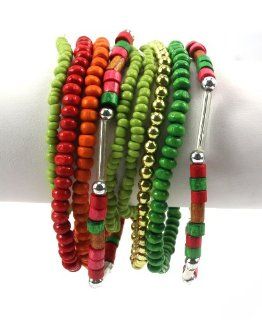 (Green Variety) Acrylic Wood and Metal Beaded Stretch Bracelet Set Cuff Bracelets Jewelry